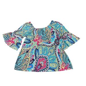 MOA Top Women's Large Paisley Print Off-the-Shoulder Colorful Blouse Boho Y2K